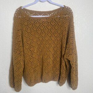 POL Chunky Crochet Pullover Sweater Womens S Mustard Brown Open Knit Oversized